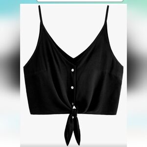 Chic Black Button-Front Tie Crop Top, Brand:MakeMeChic